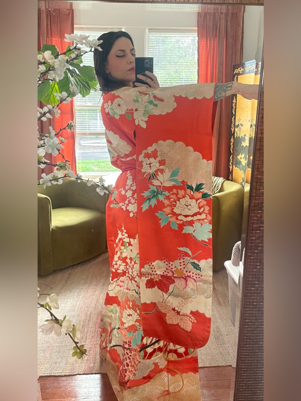Real silk vintage kimono furisode coral salmon crane metallic dressing gown